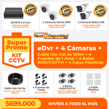 KIT CCTV eDVR 8 Canales + 2 Cámaras Domo 2MP + 2 Cámaras Bala 2 MP + Cable Utp Cat 5e + 4 Fuentes de 1 Amp + 4 Balun AHD/CVI/TVI + 4 Cajas Plásticas